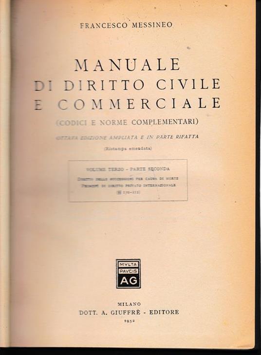 Manuale di diritto civile e commerciale, vol 3° - parte seconda - Francesco Messineo - copertina