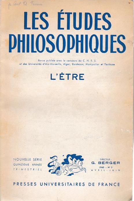 Les études philosophiques. L'étre n. 2. Pubblicazione trimestrale - copertina