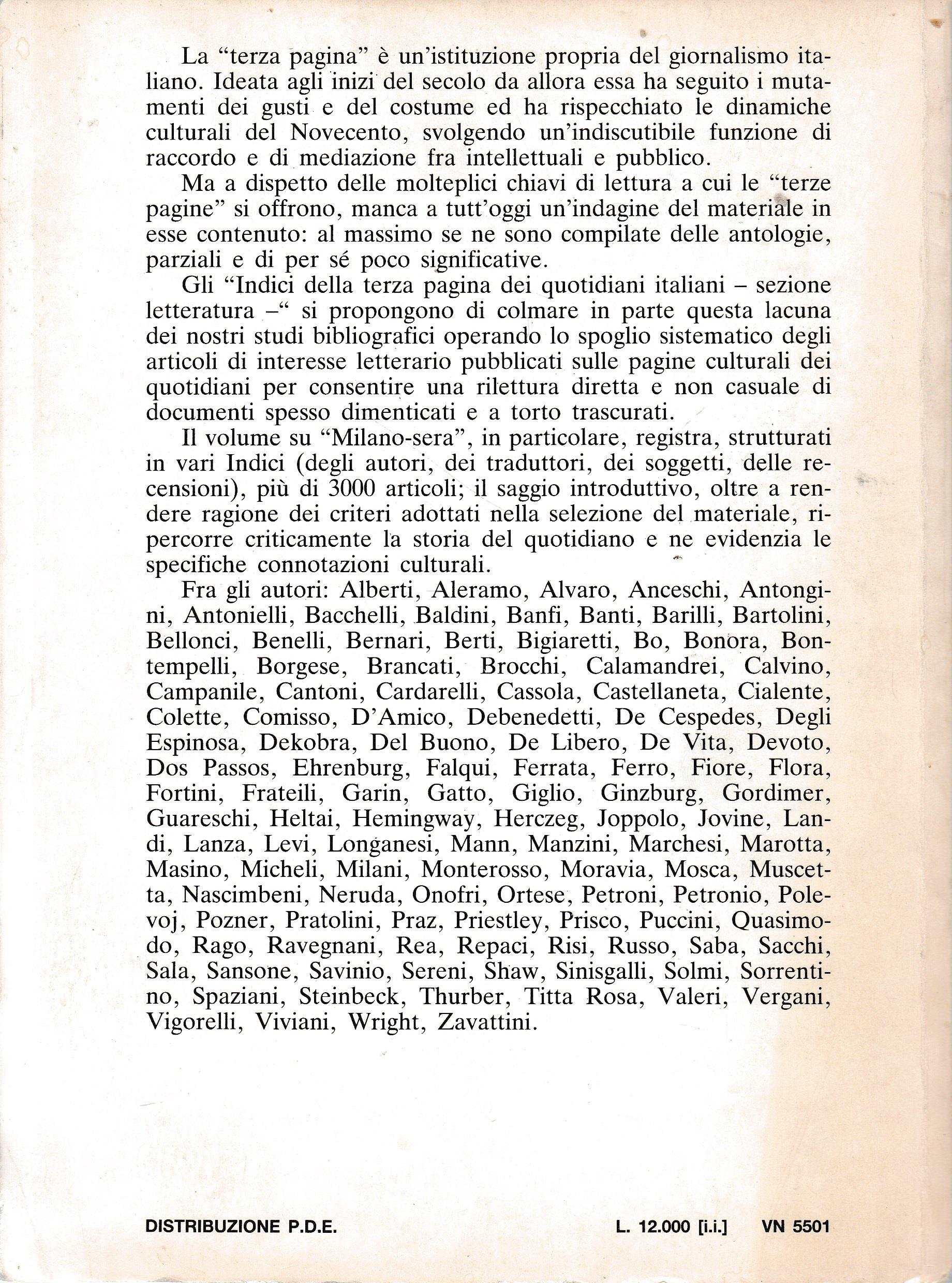 Milano Sera (1945-1954). Indici della terza pagina dei quotidiani italiani sezione letteratura