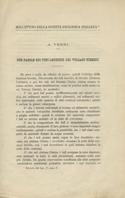 Due parole sui tufi leucitici dei vulcani tirreni - A. Verri - copertina