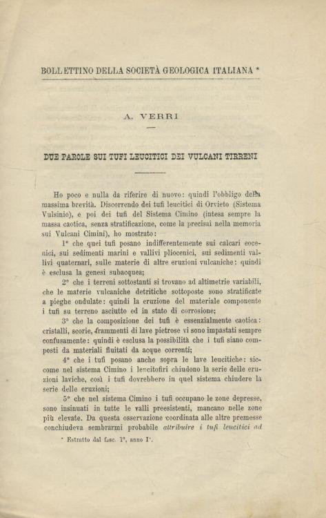 Due parole sui tufi leucitici dei vulcani tirreni - A. Verri - copertina