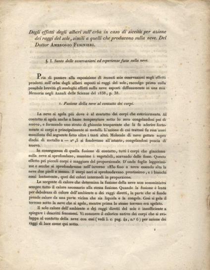 Degli effetti degli alberi sull'erba in caso di siccità per azione dei raggi del sole, simili a quelli che producono sulla neve - Ambrogio Fusinieri - copertina