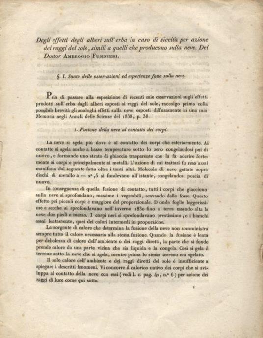 Degli effetti degli alberi sull'erba in caso di siccità per azione dei raggi del sole, simili a quelli che producono sulla neve - Ambrogio Fusinieri - copertina