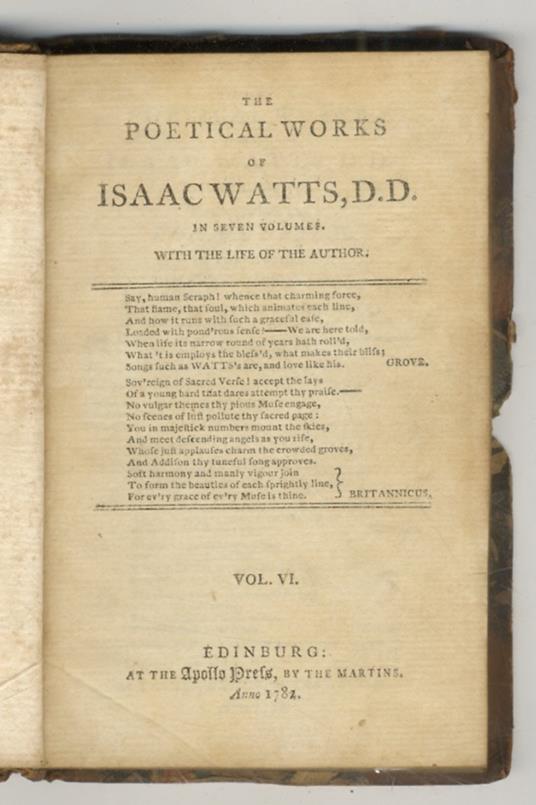 The Poetical Works (...) In seven volumes. With the Life of the Author. Vol. VI. Containing his Horae lyricae. In three Books - Isaac Watts - copertina