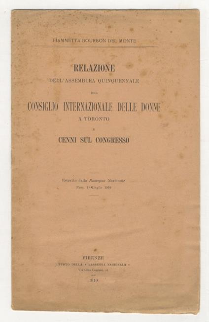 Relazione quinquennale dell'Assembalea Internazionale delle Donne a Toronto e cenni sul congresso - copertina