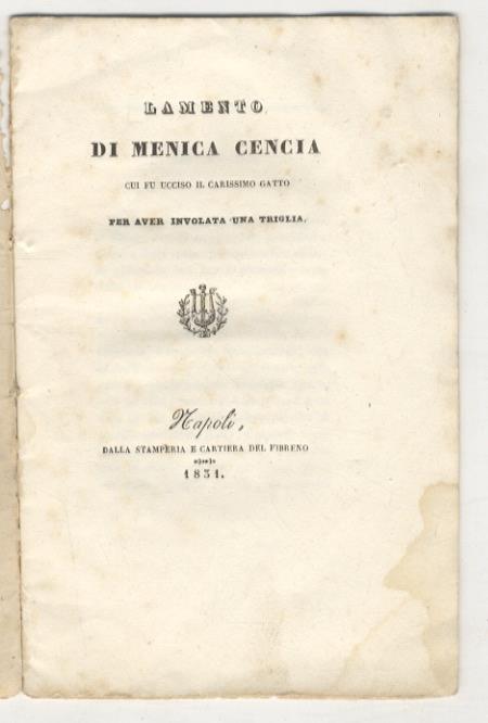Lamento di Menica Cencia cui fu ucciso il carissimo gatto per aver involata una triglia - copertina