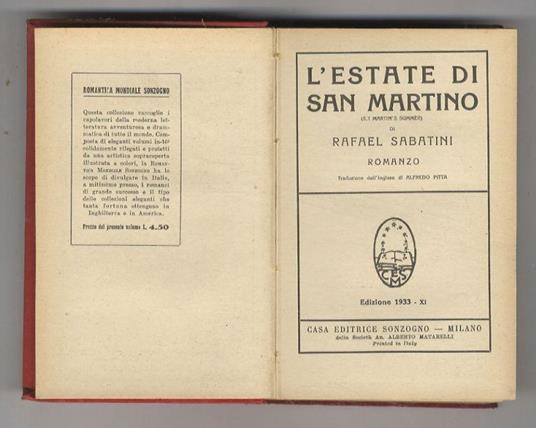 L' estate di San Martino. (St. Martin's Summer). Traduzione dall'inglese di Alfredo Pitta - Rafael Sabatini - copertina