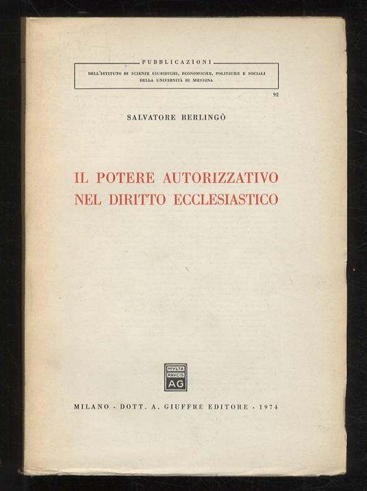 Il potere autorizzativo nel diritto ecclesiastico - Salvatore Berlingò - copertina