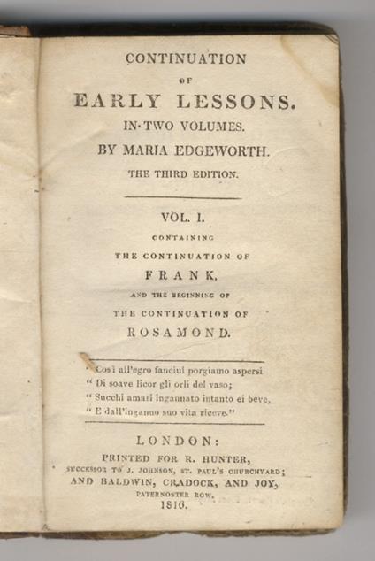 Continuation of Early Lessons. In two volumes. 3rd Edition. Vol. I containing the continuation of Frank and the beginning of Rosamond - Maria Edgeworth - copertina