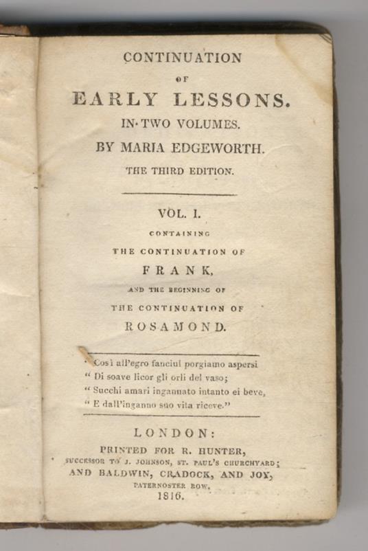 Continuation of Early Lessons. In two volumes. 3rd Edition. Vol. I containing the continuation of Frank and the beginning of Rosamond - Maria Edgeworth - copertina