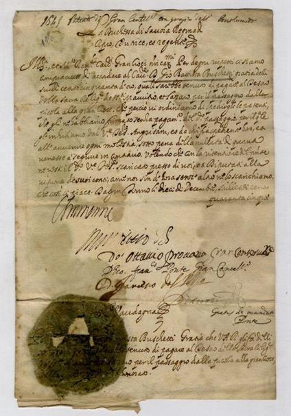 Firma autografa su documento manoscritto datato 10 dicembre 1645. Ci siamo compiaciuti di accordare al Car.le D. Gio. Battista Buschetti gratia delli scudi centocinquanta d'oro quali sarebbe tenuto di pagare al tesoro della sacra Relig.e de' SS.ti Ma - copertina
