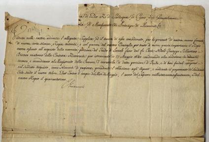 Firma autografa su documento manoscritto datato 5 maggio 1769. Veduta nelle nostre udienze l'alligata supplica ed il tenore di essa considerato, per le presenti di nostra mano firmate [...] e col parere del nostro Consiglio impartiamo il Regio nostro - copertina