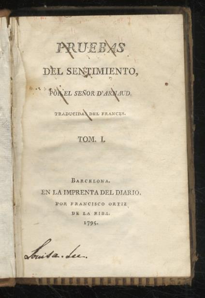 Pruebas del sentiminento por el senor d'Arnaud. Traducida del frances. Tomo I - François Thomas Marie d' Arnaud de Baculard - copertina