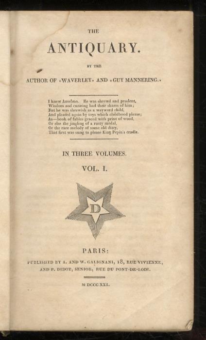 The Antiquary. By the Author of Waverley and Guy Mannering. In three volumes - Walter Scott - copertina