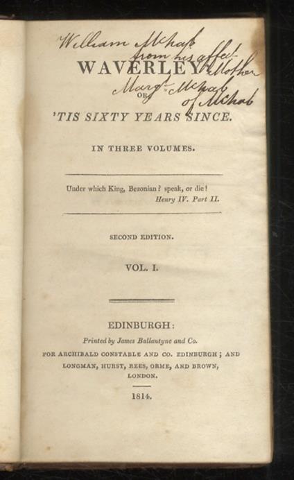 Waverly or, ‘tis sixty year since. In three volumes. Second edition. Vol. I. [- vol. III] - Walter Scott - copertina
