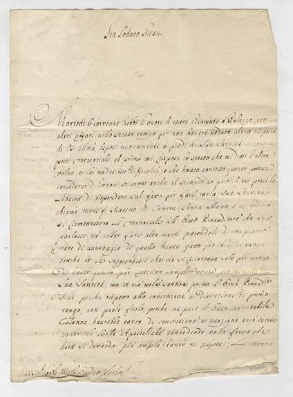 Firma autografa in calce a lettera manoscritta, stesa su due facciate d'un foglio ripiegato una volta. Indirizzata al conte Niccolò Benedetti a Spoleto datata Roma, 14 Xmbre 1729. Martedì 6 corrente hebbi l'onore d'essere chiamato a Palazzo per altr - copertina