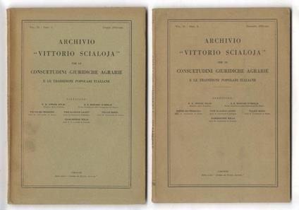 Archivio Vittorio Scialoja per le consuetudini giuridiche agrarie e le tradizioni popolari italiane. Direzione: Pietro De Francisci, Mariano D'Amelio, Arrigo Solmi, Giangastone Bolla, Pier Silverio Leicht, Fulvio Maroi. Vol. II - Fasc. 1 e 2 - copertina