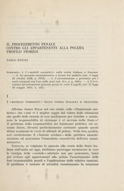 Il procedimento penale contro gli appartenenti alla polizia. Profilo storico - Paolo Tonini - copertina