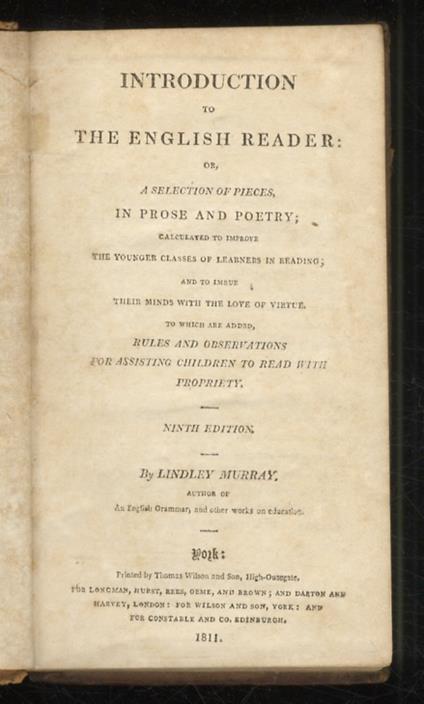 Introduction to the English Reader: or a selection of pieces in prose and poetry calculate to improve the younger classes of learners in reading [...] - Lindley Murray - copertina