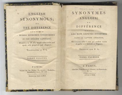 Synonymes anglois ou différence entre les mots réputés synonymes dans la langue angloise Ouvrage utile à ceux qui veulent écrire et parler avec justesse et élégance. Traduit par P. L. - English Synonymous or difference between words esteemed synon - John Trumper - copertina