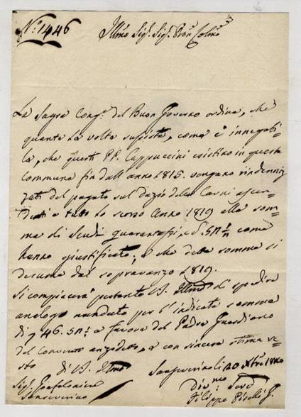 Lotto comprendente 3 lettere e 3 minute: 3 lettere manoscritte autografe e firmate di Filippo Piselli al Gentili e 3 minute di lettere del Gentili al Piselli. Stese negli anni 1819-1821 - copertina