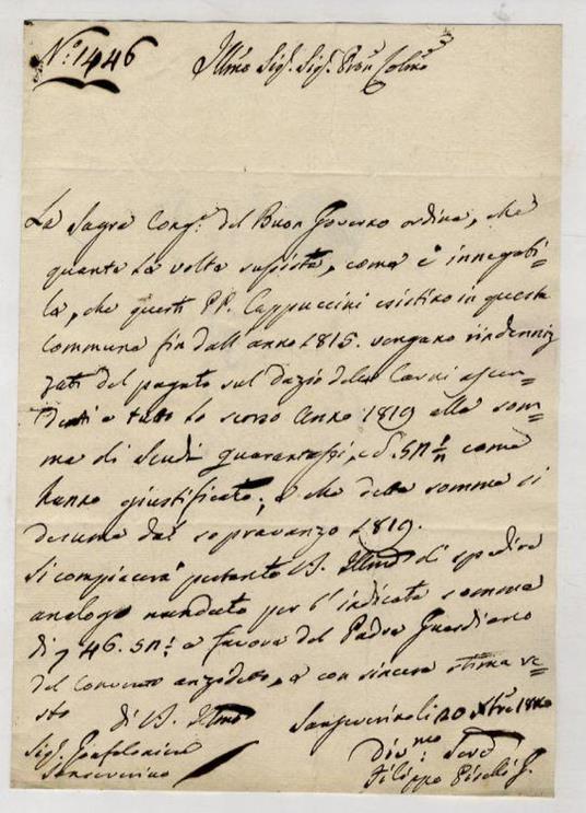 Lotto comprendente 3 lettere e 3 minute: 3 lettere manoscritte autografe e firmate di Filippo Piselli al Gentili e 3 minute di lettere del Gentili al Piselli. Stese negli anni 1819-1821 - copertina