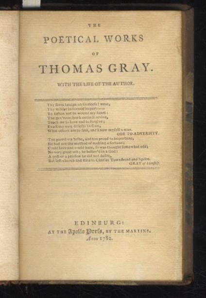 The Poetical Works (...) Containing his Odes, Miscellanies, etc. etc. etc. With the Life of the Author. (Segue:) WEST Richard, The Poetical Works - Thomas Gray - copertina