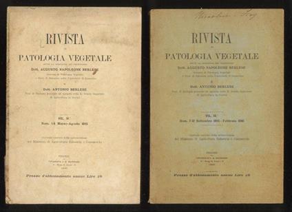 RIVISTA di patologia vegetale, sotto la direzione dei proff. Dott. Augusto Napoleone Berlese [...] e Dott. Antonio Berlese [...]. Vol. IV, numeri: 1-6, marzo-agosto 1895 7-12, settembre 1895-febbraio 1896. [Annata completa] - copertina