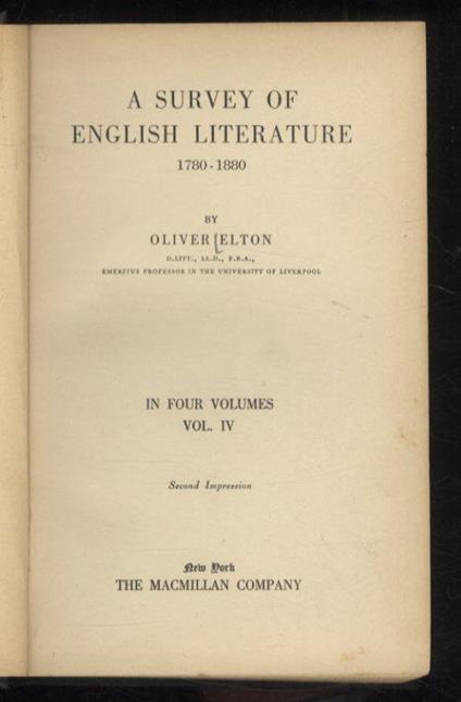 A survey of English Literature. 1780-1880. In four volumes. Vol. IV. Second impression - Oliver Elton - copertina