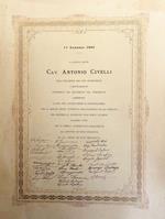 All'Egregio Signor Cav. Antonio Civelli nell'occasione del suo onomastico i sottoscritti interpreti dei sentimenti del personale esprimoni le più vive attestazioni di condoglianza per la morte testè avvenuta dell'angelica di lei cognata nel mentre le