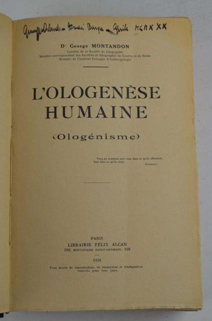 L' Ologenèse humaine (Ologénisme) - George Montandon - copertina