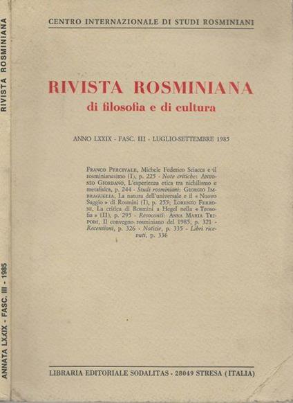 Rivista Rosminiana di filosofia e di cultura Anno LXXIX-Fasc.III 1985 - Pier Paolo Ottonello - copertina