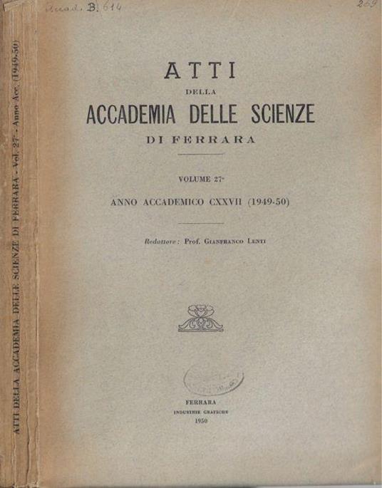 Atti della Accademia delle Scienze di Ferrara Vol. 27° anno accademico CXXVII (1949-50) - copertina
