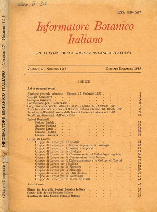 Informatore botanico italiano. Bollettino della societa botanica italiana. Vol.17, fasc.1/3, anno 1985 - Franco Pedrotti - copertina