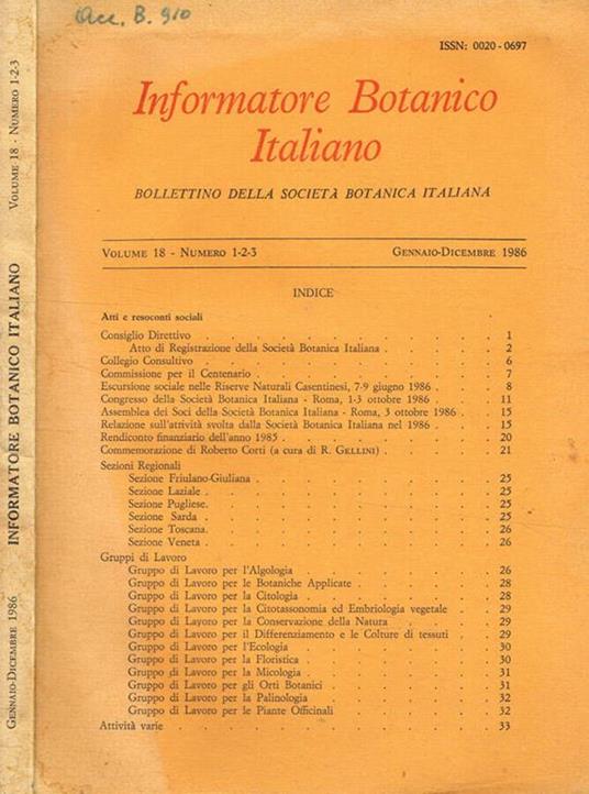 Informatore botanico italiano. Bollettino della societa botanica italiana. Vol 18, fasc.1/3, anno 1986 - Franco Pedrotti - copertina