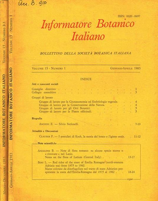 Informatore botanico italiano. Bollettino della societa botanica italiana. Vol.15, fasc.I, 2/3, 1983 - Franco Pedrotti - copertina