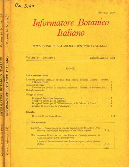 Informatore botanico italiano. Bollettino della societa botanica italiana. Vol.14, fasc.1, 2/3, anno 1982 - Franco Pedrotti - copertina