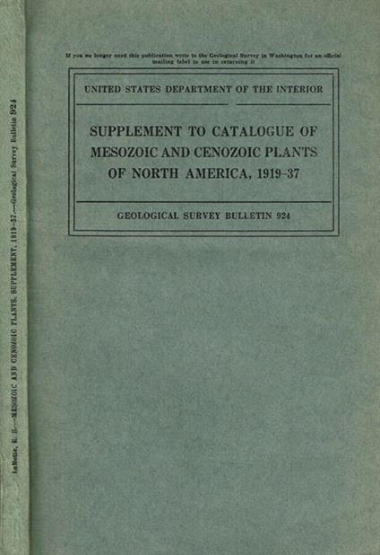 Supplement to catalogue of mesozoic and cenozoic plants of north america 1919-37 - copertina