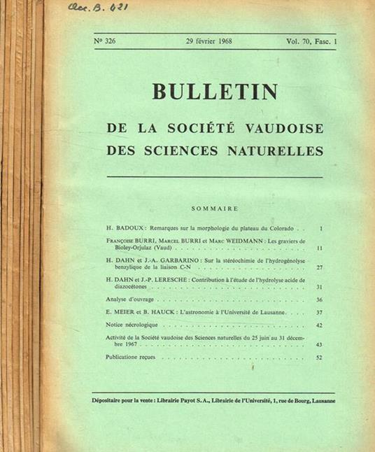Bulletin de la societé vaudoise des sciences naturelles. Vol.70, 9voll - copertina