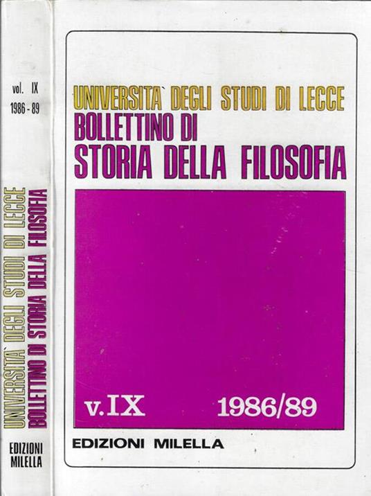 Università degli Studi di Lecce Bollettino di Storia della Filosofia V. IX 1986-89 - Giovanni Papuli - copertina
