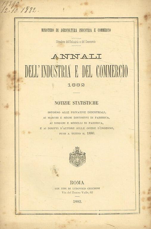 Annali dell'industria e del commercio 1882. Notizie e statistiche - copertina