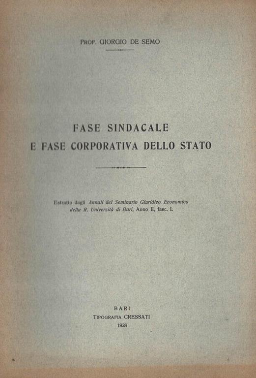 Fase sindacale e fase corporativa dello stato - Giorgio De Semo - copertina