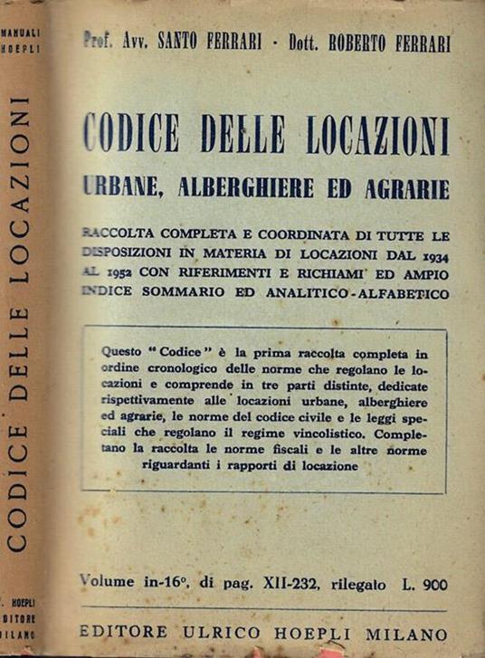 Codice delle locazioni urbane, alberghiere ed agrarie - copertina
