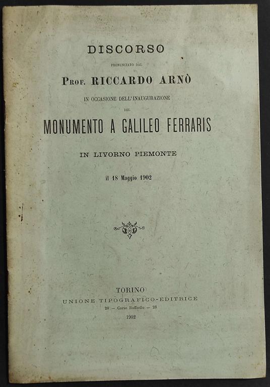Discorso R. Arnò Inaugurazione Monumento Galileo Ferraris - Riccardo Paternò - copertina