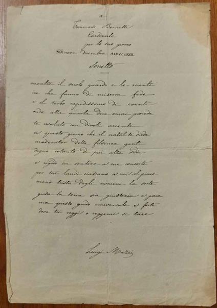 Sonetto al Cardinale Tommaso Bernetti legato Apostolico di Bologna "Per lo suo giorno XXnove Dicembre MDCCCXXX" - copertina