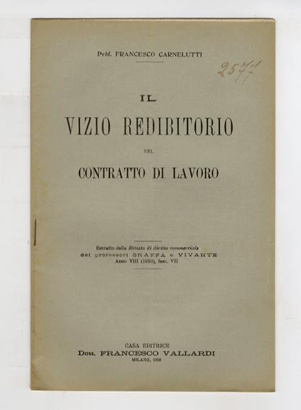 Il vizio redibitorio nel contratto di lavoro - Francesco Carnelutti - copertina