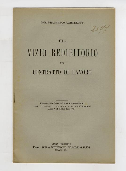 Il vizio redibitorio nel contratto di lavoro - Francesco Carnelutti - copertina