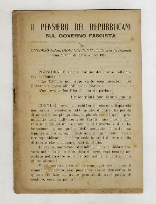 Il pensiero dei Repubblicani sul governo fascista. Discorso dell'on. Giovanni Conti alla camera dei Deputati nella tornata del 17 novembre 1922 - Giovanni Conti - copertina