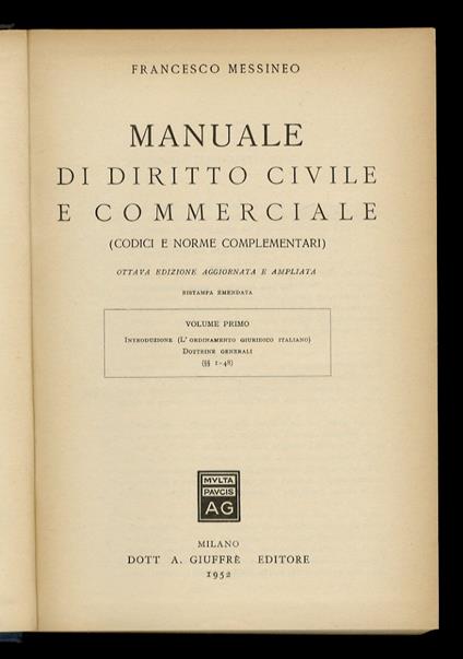 Manuale di diritto civile e commerciale. Articoli 1-211 + Indici. VIII edizione - Francesco Messineo - copertina