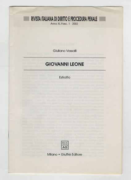 Giovanni Leone. (Necrologio) - Giuliano Vassalli - copertina